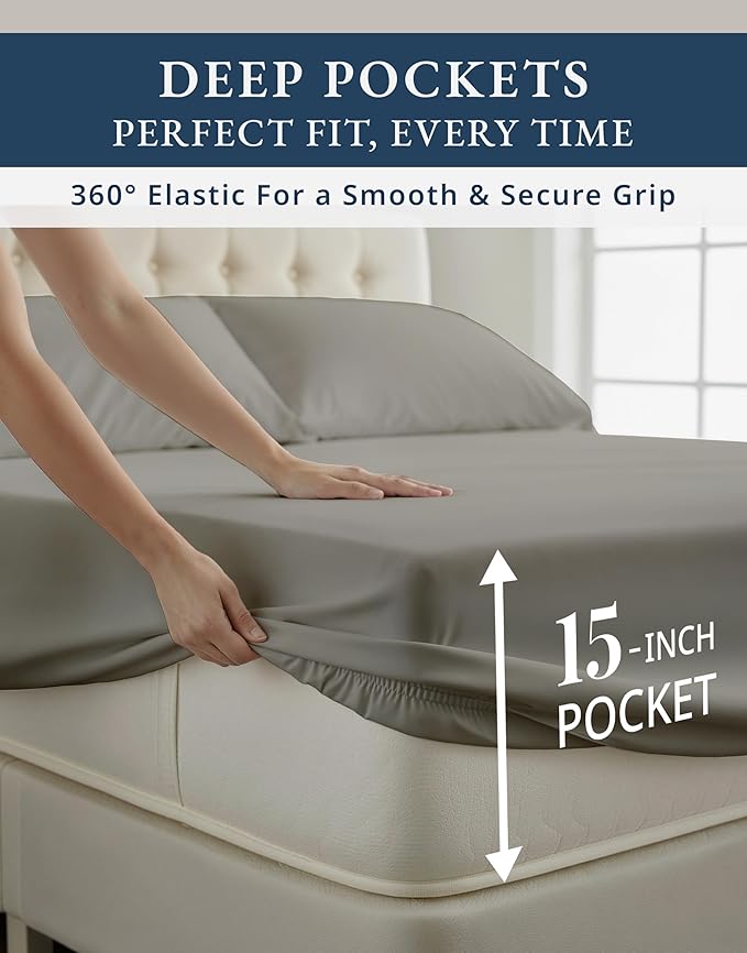 LANE LINEN 100% Egyptian Cotton Sheets Queen Size Bed Set – Naturally Cooling & Breathable Sateen Queen Sheets Set, Long-Staple Cotton for Lasting Softness, Snug Fit 15" Deep Pocket Fitted - Charcoal