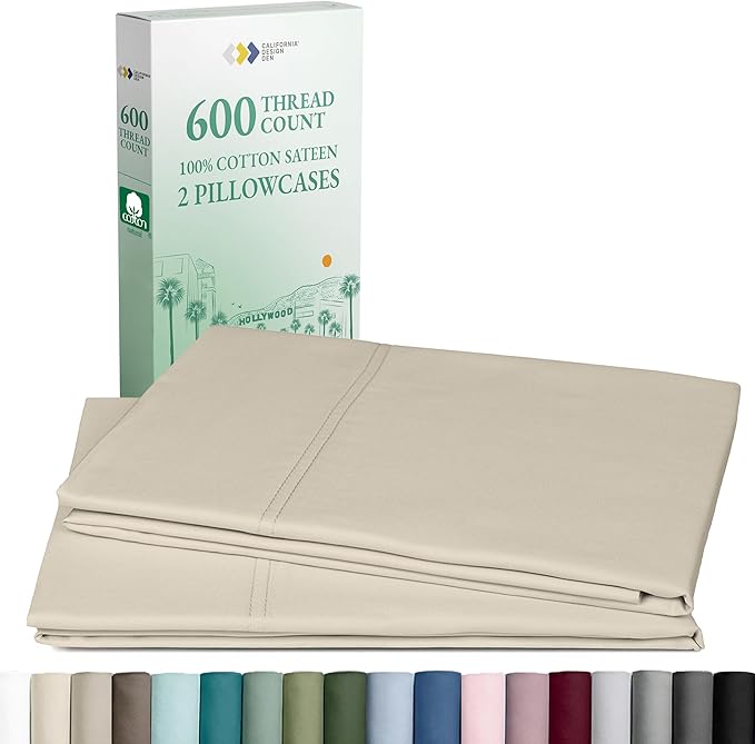 California Design Deinking Size Pillow Cases Set of 2-600 Thread Count Sateen, 100% Cotton Pillowcases King Size, Soft and Breathable - Beige