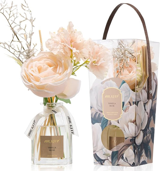 Airkeep Flower Reed Diffuser Set, Vanilla Musk Diffuser Gift Set,4.06 fl oz Essential Oil Sticks Diffusers for Bathroom Air Freshener, Aromatherapy Home Fragrance for Shelf Decor, Gift for Women Mom