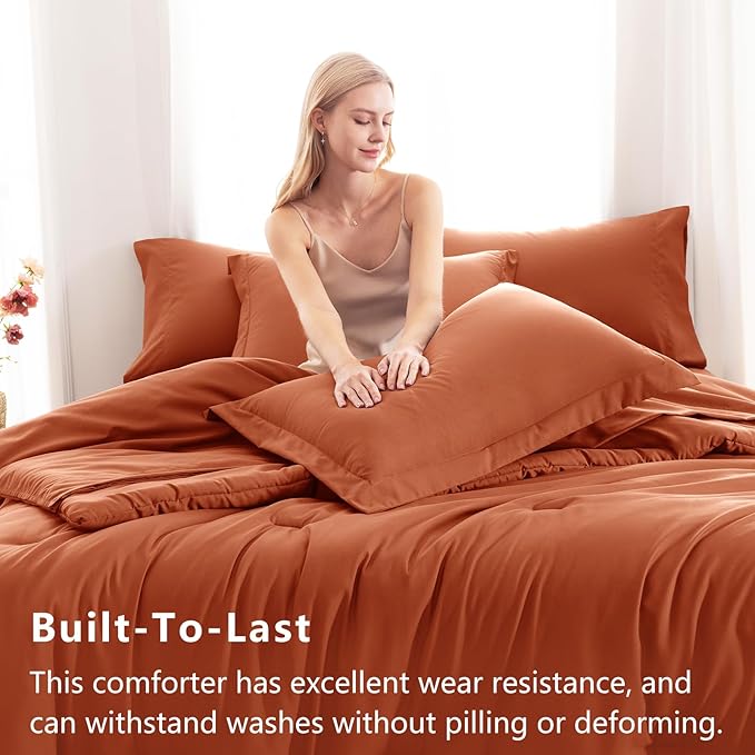 CozyLux King Size Comforter Set Burnt Orange, 7 Pieces Fall Bed in a Bag King Comforter Set with Sheets, Terracotta Luxury Soft Bedding Set with Down Alternative Comforter, Sheets, Pillowcases & Shams