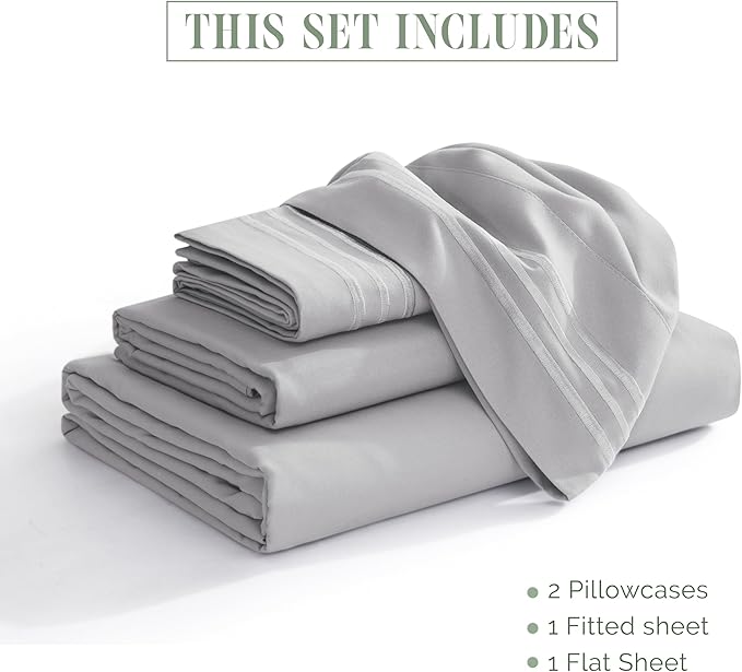 Elegant Comfort Luxurious 1500 Premium Hotel Quality Microfiber Three Line Embroidered Softest 4-Piece Bed Sheet Set, Wrinkle and Fade Resistant, King, Silver-Light Grey