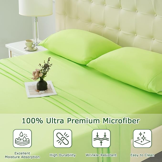Twin Size Bed Sheet Set - 3 Piece Soft Microfiber Sheets with Deep Pockets, Cooling Technology, and Wrinkle-Free Pillowcase. Hotel-Quality, Durable Bedding, Sharp Green