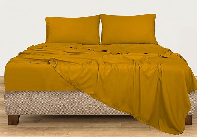 ROYALE LINENS 300 Thread Count 100% Long Staple Combed Cotton Sheet Set - 4 Piece King Bed Sheets - 1 Fitted, 1 Flat & 2 Pillow Cases - Soft Cool & Crisp Sheet Set (King, Yellow)