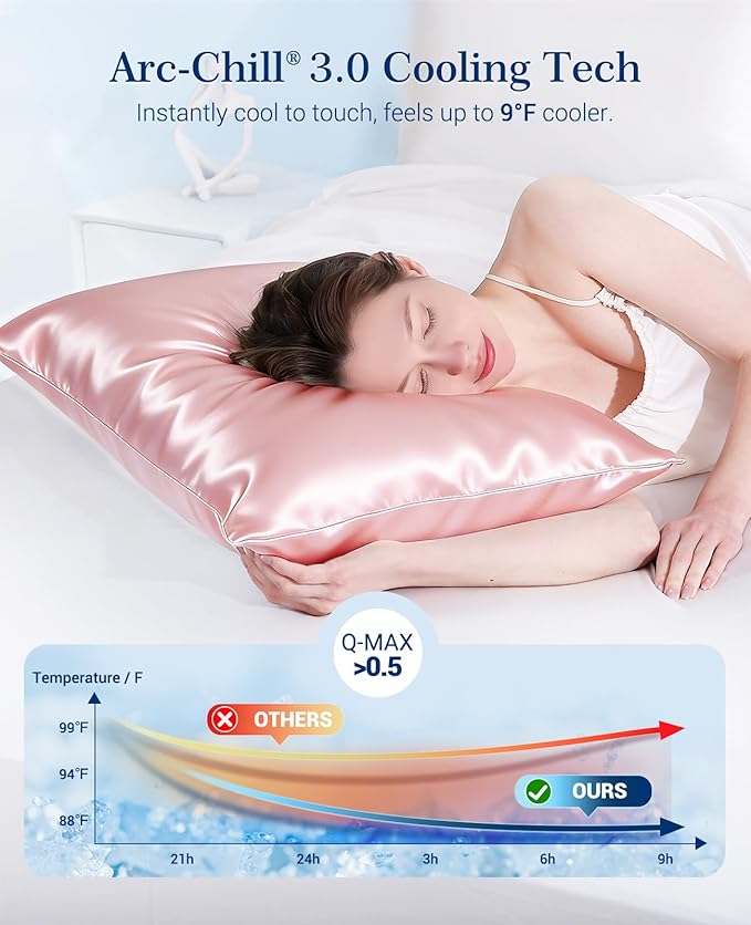 Elegear Cooling Pillow Cases Set of 2 for Hot Sleepers, Soft Silky Satin Pillowcase for Hair & Skin, Upgraded Arc-Chill Cooling Satin Pillowcase Q-max>0.5, Luxury Zipper Pillowcase Cover-Standard,Pink
