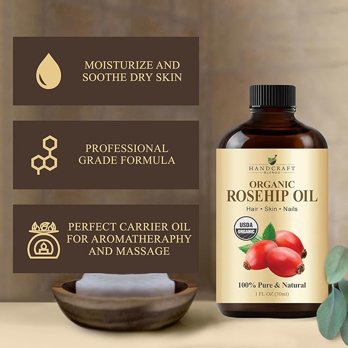Handcraft Blends Cold-Pressed Organic Rosehip Oil | 1 Fl Oz | 100% Pure and Natural | Premium Grade Oil | Face, Skin and Hair | Protect | Nourish | Carrier Oil