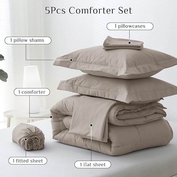 JOLLYVOGUE Twin XL Comforter Set, Ultra-Soft Bed in a Bag Twin XL Size 5 Pieces, Oeko-TEX Certified Bedding Set with Down Alternative Comforter, Sheets, Pillowcases & Shams, Khaki