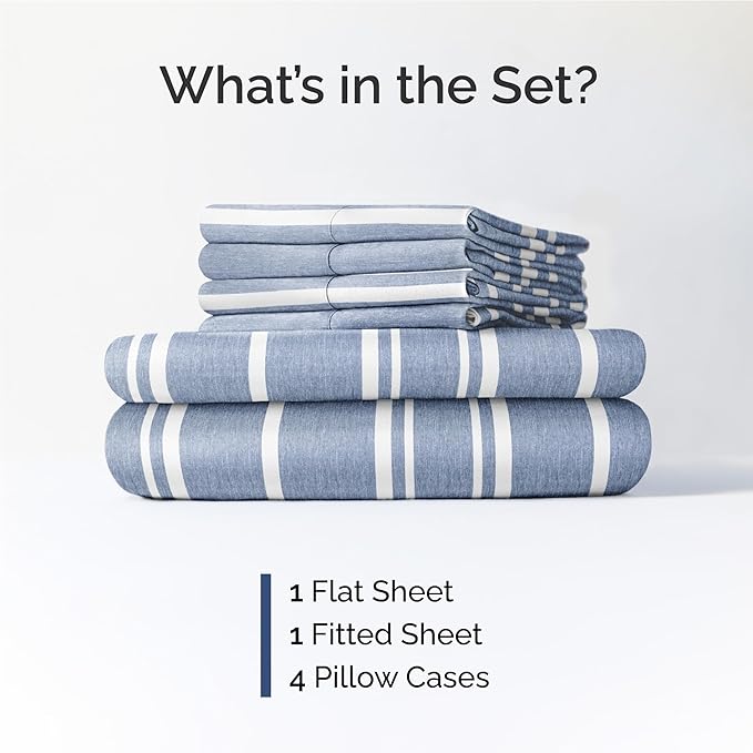 Full 6 Piece Sheet Set - Comfy, Breathable & Cooling - Soft Hotel Luxury Bedding for Women, Men, Kids, Teens and Children - 1 Flat & 1 Fitted Sheet & 4 Pillowcases with Deep Pockets - Blue Stripes 3