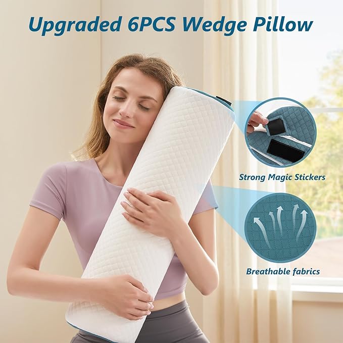 Orthopedic Bed Wedge Pillow Set for Sleeping 6 PCS - Adjustable Triangle Pillow for Neck Leg Support with Washable Cover - 35D Foam Wedge Pillow Post Surgery for GERD & Snoring (White Blue)