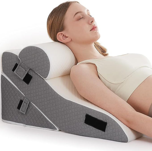 Bed Wedge Pillow Set for Sleeping 3 PCS - 16.5" Wide Triangle Pillow for Back Leg Pain Relief with Washable Cover - 35D Foam Wedge Pillow Post Surgery for Acid Reflux & Snoring (White Grey)