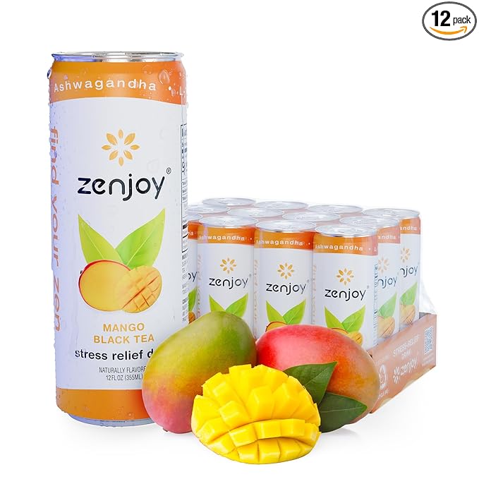 Zenjoy Stress Relief Drink, Calming Black Tea, Non Alcoholic, Ashwagandha & Lemon Balm for Stress Relief, L - Theanine for Focus (12 Pack) (Mango)