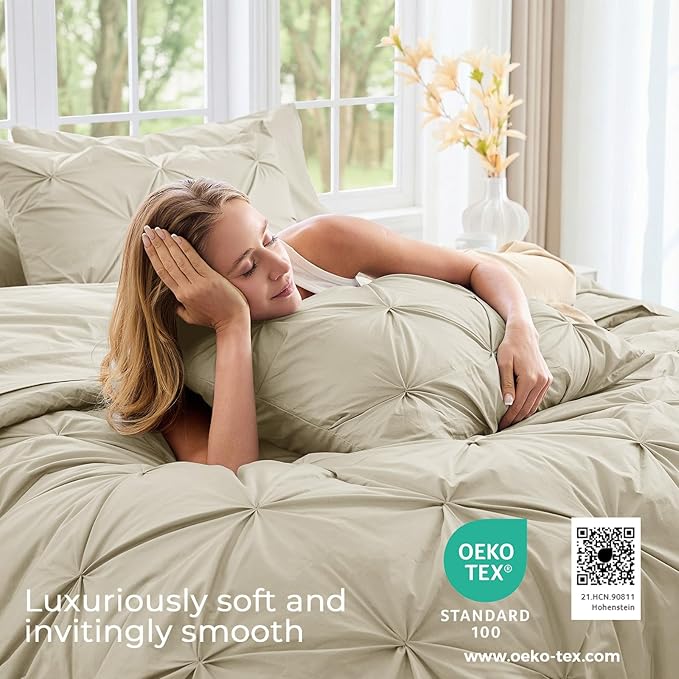 Sasttie Twin XL Comforter Set, 5-Piece Bed in a Bag, Pintuck Bedding Sets for All Season, Includes Comforter, Flat Sheet, Fitted Sheet, Pillowcase and Pillowsham, Linen