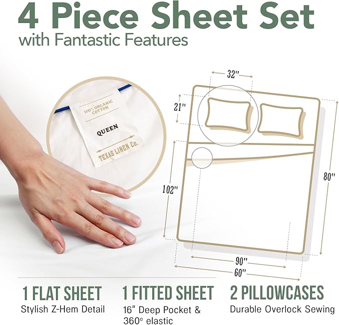TEXAS LINEN CO. 100% Organic Cotton Printed Sheets Queen Size - 4 PC Organic Cotton Percale Sheets Queen Set (Paisley), Cooling & Breathable Sheet, 16" Deep Pocket Hotel Bedding - GOTS Certified