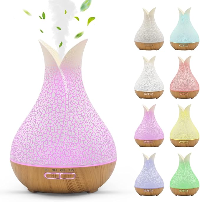 Essential Oils Diffuser, 500 ml Ultrasonic Aromatherapy Diffuser with 7 Ambient Lights 4 Timer Remote Self-Switching Off Waterless, Humidifier Diffuser for Home Large Room