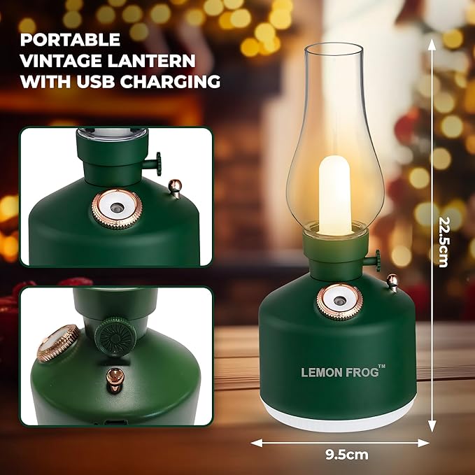 Aroma Diffuser-Vintage LED Night Lamp with Timed Spray; 1200mAh Battery; Wireless; Colorful Lights; Fine Water Mist; Dimming Control; Two Level Spray Quantity; 280mL Capacity. (Forest Green)