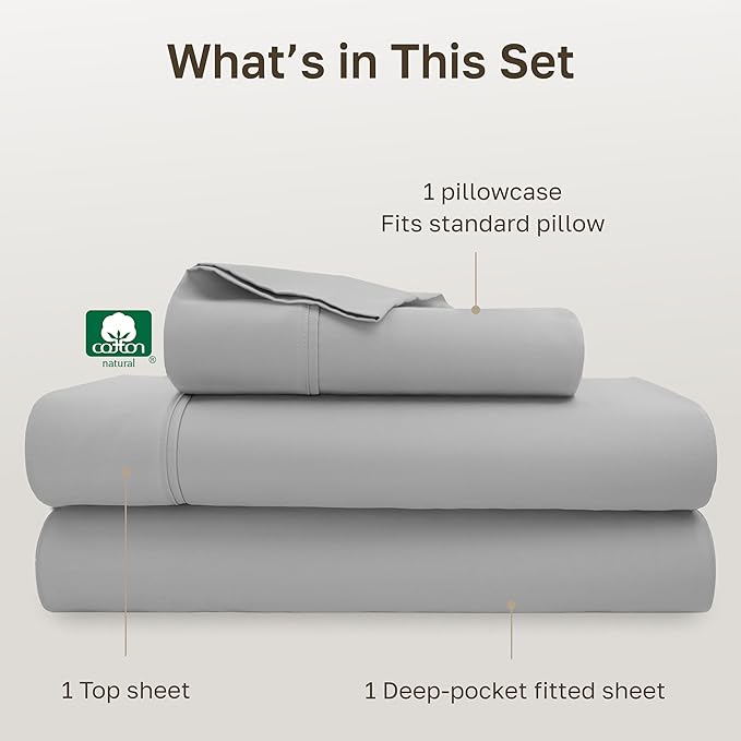 California Design Den Soft 100% Cotton Sheets Twin Size Set, 400 Thread Count Good Housekeeping Award Winner, Silky Smooth Sateen Weave, Breathable and Durable Cotton Bedding Set - Light Grey