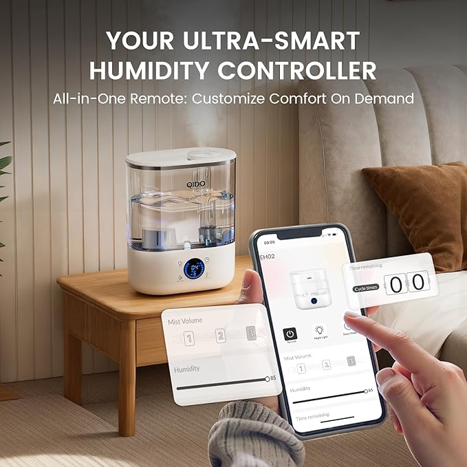 QIDO Top Fill Humidifiers for Bedroom, 5 L Cool Mist 36H Super Long Time, Quiet 28dB Essential Oil Diffuser for Baby & Plants, 3 adjustable Mist with Touch/APP/7-color Nightlight, White