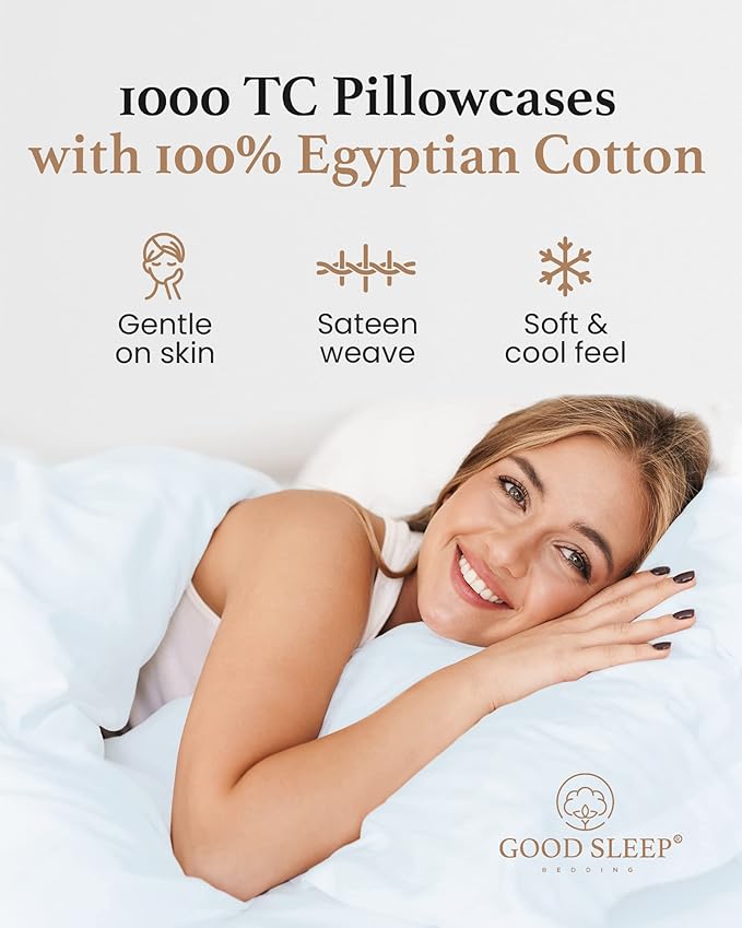 1000 TC Light Blue King Pillowcases Set of 2 100% Egyptian Cotton Pillow Cases with Long Staple Cotton & Sateen Weave, Silky Soft Hotel - Like Bed Pillow Covers for Comfy Sleeping, Snug Fit