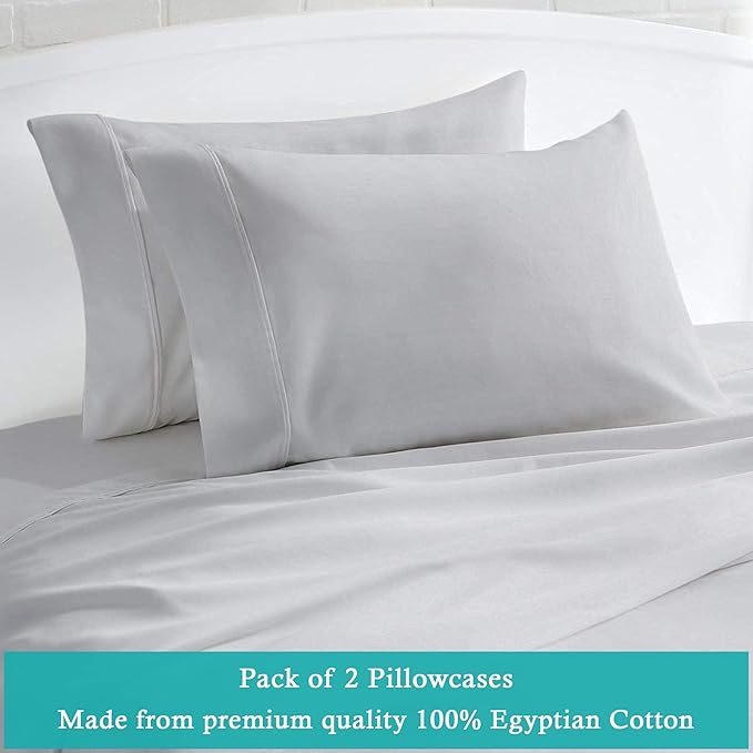 Set of 2 Pillow Cases 600 Thread Count 100% Egyptian Cotton Long Staple Pillowcase, Durable and Silky Soft Pillow Covers, Natural Luxurious Hotel Class Bedding (Queen, Silver)