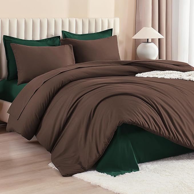 Litanika California King Comforter Sets Brown Emerald Green- 7 Pieces Bed in a Bag Beddding Sets, Solid Lightweight Bed Set with Comforter, Sheets, Pillowcases & Shams
