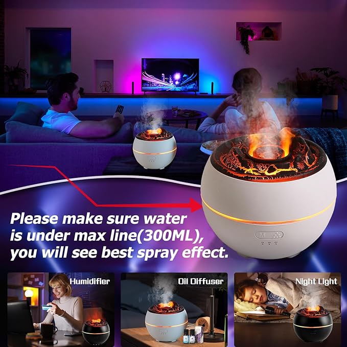 Volcano Essential Oil Diffuser, Volcano Flame Aromatherapy Diffuser, 7 Colors Fire Light & 4 Essential Oils, 360ml Auto-Off Cool Mist Ultrasonic Humidifier/Diffuser for Home Party Holiday