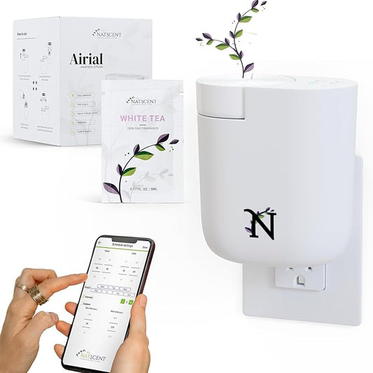 Airial Plug-in Essential Oil Diffuser with White Tea Sample, Waterless Cold-Air Scent Diffusers for Home or Office, Bluetooth & App Control, Adjustable Intensity Covers Up to 300 Sq. Ft