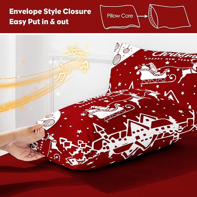 YIYEA Christmas King Size Pillow Cases Set of 4, Ultra Soft Double Brushed Microfiber Red Pillowcases and Christmas Pillow Covers, Envelope Closure, Fade Resistant (20"x36")