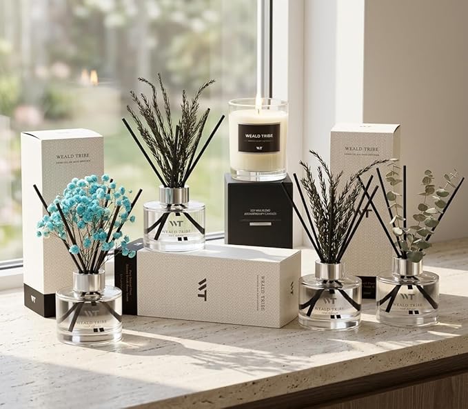 WEALD TRIBE Flower Reed Diffuser Set Balsam Fir Scent for Bathroom Accessories Shelf Decor & Air Fresheners, Fresh Air Sticks Defusers with 5.1 fl oz Essential Oils, House Office Decor & Gifts