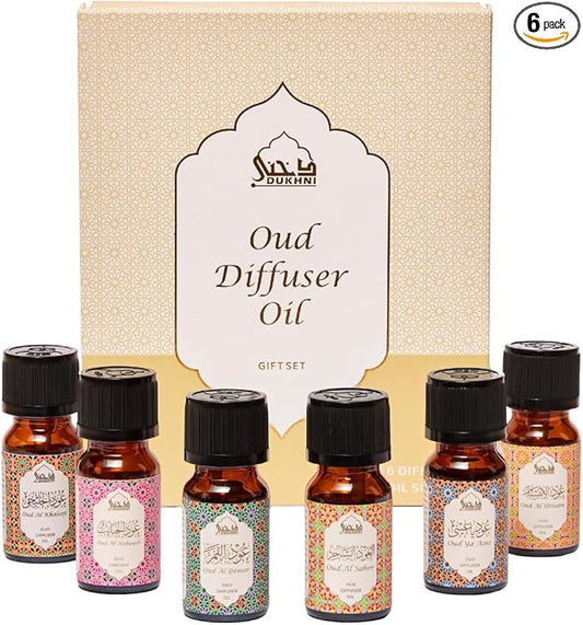 Oud Diffuser Oil, Essential Oil Gift Set by Dukhni | 6 x 10ml Arabic Oil Gift Set for Diffuser & humidifier | 100% Pure Halal Oudh Oils | Relax with Home Aromatherapy, for Relaxation and Massage