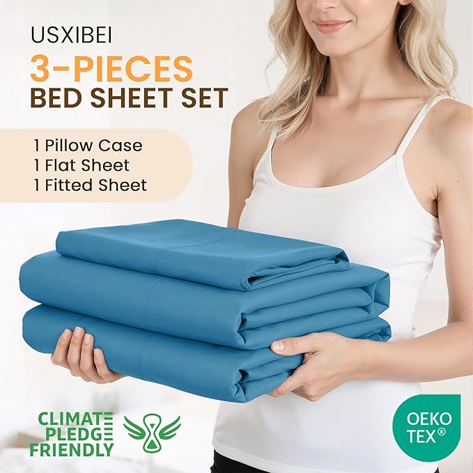 Twin Size 3 Piece Bed Sheet Set - Ultra Imitation Cotton-Premium Breathable & Cooling Sheets - Hotel Luxury Bed Sheets Deep Pocket up to 15"- Wrinkle, Fade, Stain Resistant (Denim Blue, Twin)