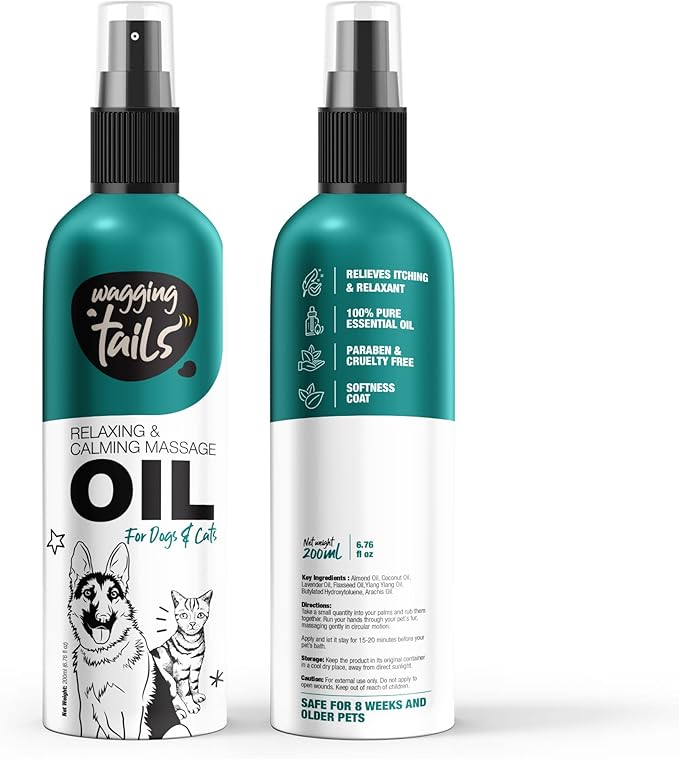 Wagging Tails Relaxing & Calming Massage Oil for Dogs and Cats | Pure Essential Oil Blend with Lavender & Almond Oil | Nourishing Skin & Shiny Coat, Promotes Relaxation for Pets 6.76 fl oz