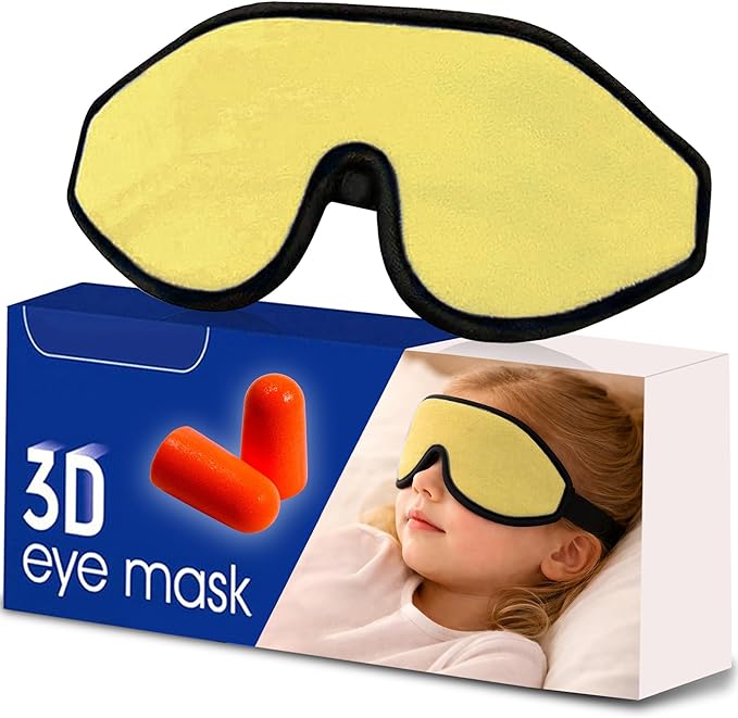 3D Sleep Mask for Kids, Light Block Sleeping Blindfold Memory Foam Contoured Eye Mask for Sleep, Adjustable Strap Eye Cover and Travel Sleep Mask for Boys Girls, Yellow