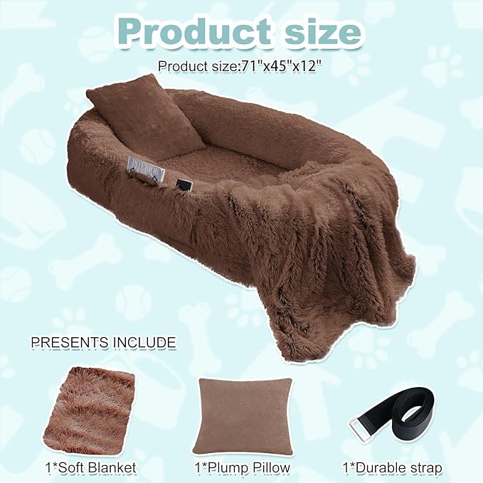 YAEM Human Dog Bed for Adult and Pets - 71"x45"x12" Dogs Beds for Humans with Washable Faux Fur Cover, Plump Pillow, Blanket, Orthopedic Design, Strap-Coffee