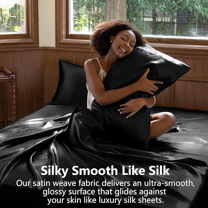 CozyLux Satin Sheets Full Size Sheets - 6 Piece Silky Full Size Bed Sheets, Luxury Black Full Bed Set with Smooth and Soft Microfiber, Includes 1 Fitted Sheet, 1 Flat Sheet and 4 Pillowcases