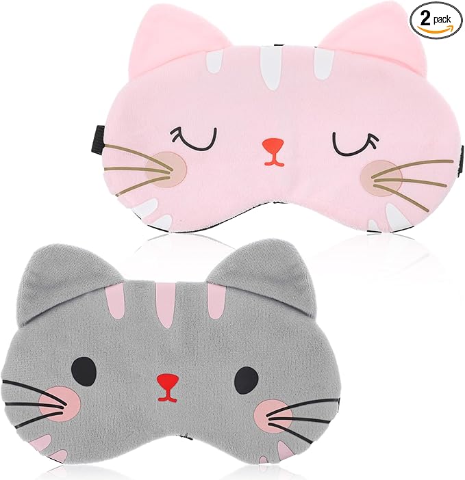 2PCS Sleep Mask for Kids Cute Kids Sleep Mask Cartoon Cat Sleeping Mask for Kid Women Men Kitty Cat Slumber Party Favors