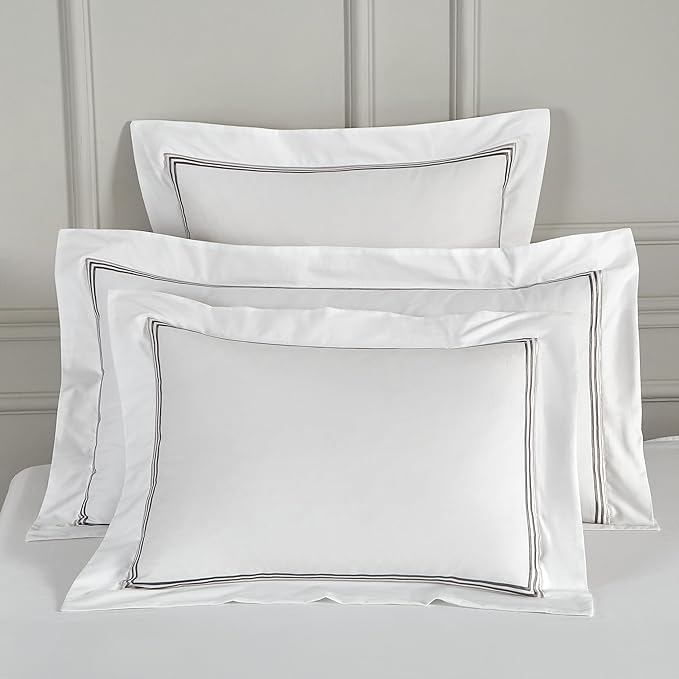 White Pillow Shams Euro Size Set of 2, 100% Cotton Luxury Hotel Embroidered 3-Lines Stitched Hem Pillowcases, 400TC Sateen Weave Decorative Pillow Cases with Envelope Closure for Bedding, 26x26 Inches