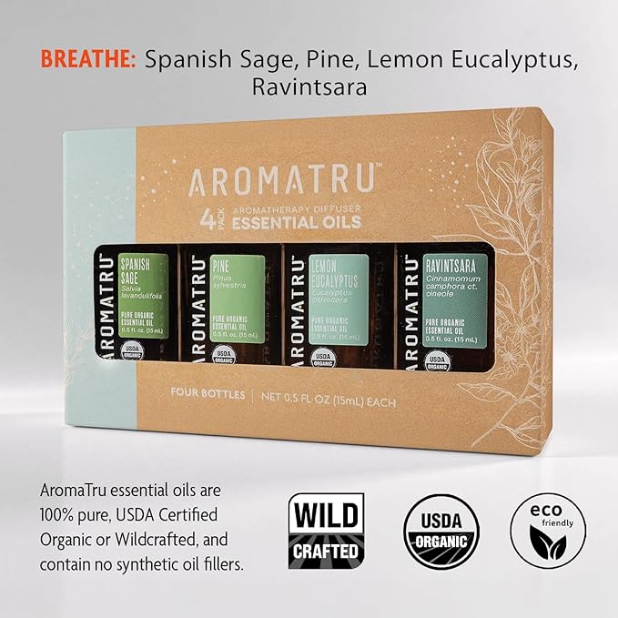 AromaTru Breathe Essential Oil Kit – Spanish Sage, Pine, Lemon Eucalyptus, and Ravintsara – Organic & Wildcrafted – ISO Certified – No Synthetic Fillers – Ethically Sourced