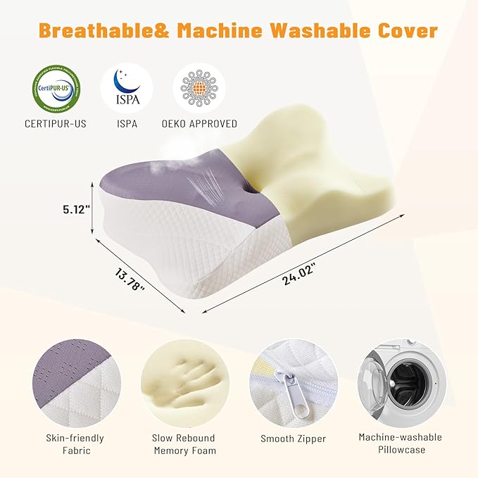 Cervical Neck Pillow Set of 2, Memory Foam Pillow for Neck Pain Relief, Ergonomic Bed Pillow with Neck Support for Side, Back & Stomach Sleepers, Queen, Dark Grey