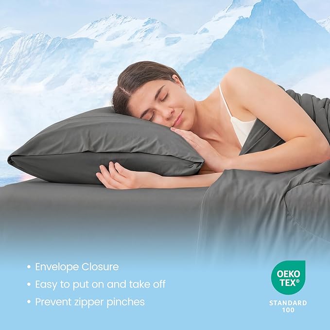 Cozy Bliss Cooling Pillow Cases for Hot Sleepers, Q-Max>0.45, Queen Size Set of 2, Soft & Silky Pillow Covers with Envelope Closure,Gift, Charcoal Gray, 20x30 Inches