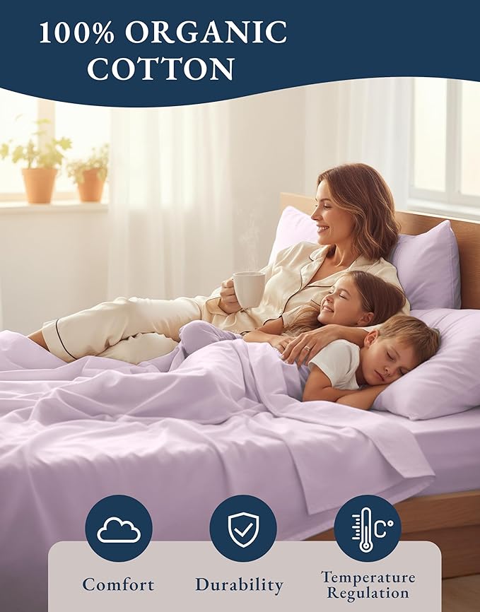 LANE LINEN 100% Organic Cotton Queen Sheets, Low Pill Fade Resistant Classic Percale Weave Bedsheets for Queen Size Bed, 15" Deep Pocket Sustainably Produced Mercerized Cotton Sheeting- Orchid Petal