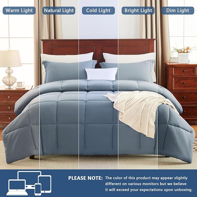 CozyLux King Comforter Set - Grayish Blue Comforter King Size, 3 Pieces Box Stitched Bed Set for All Seasons, Soft Lightweight Bedding Sets with 1 Down Alternative Comforter and 2 Pillow Shams