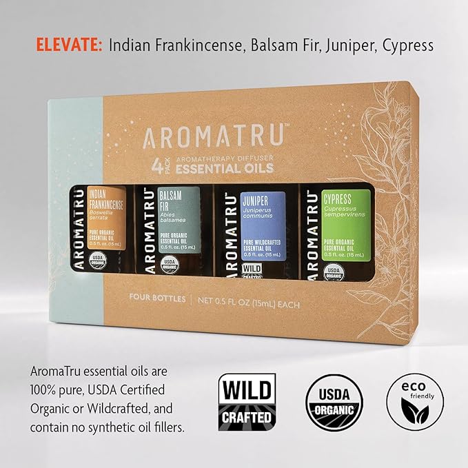 AromaTru Elevate Essential Oil Kit – Indian Frankincense, Balsam Fir, Juniper, and Cypress – Organic & Wildcrafted – ISO Certified – No Synthetic Fillers – Ethically Sourced