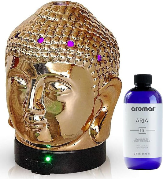 Aromar Buddha Head Essential Oil Diffuser - Ultrasonic Aromatherapy Humidifier with LED Lights, Cool Mist, Auto Shut-Off for Home, Office, Yoga, Meditation Decor - Ceramic, Zen Budha Statue, 200ml