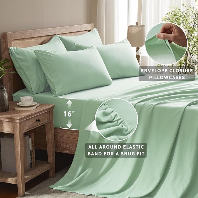 Queen Sheet Set - 6 Piece Sheets Queen Size Bed Set - Breathable & Cooling Hotel Luxury Bedding Set - Soft & Comfy Fully Elasticized 16" Deep Pocket Queen Sheets (Queen Sage Green)