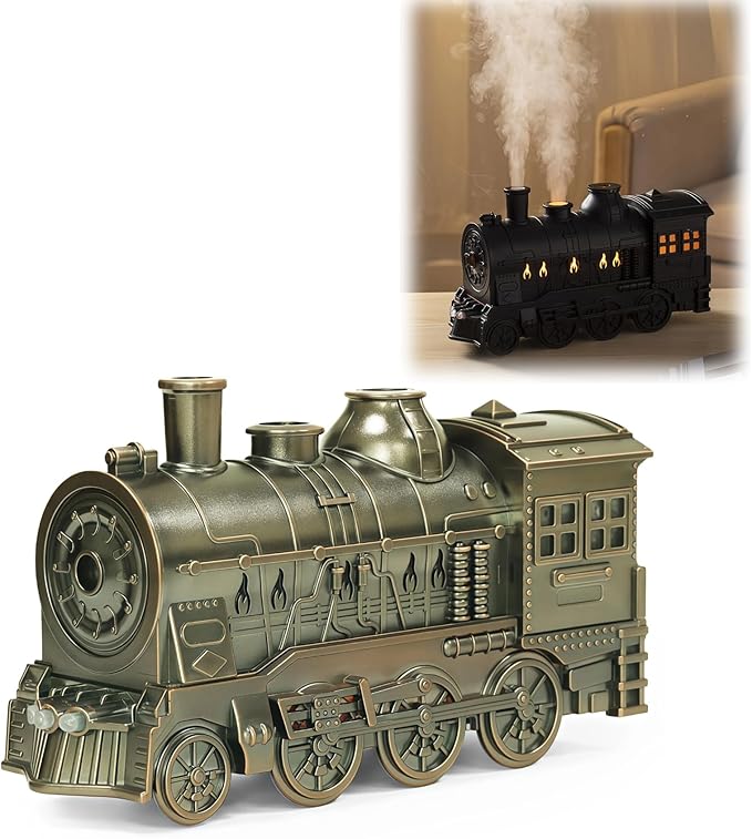 300ML Vintage Train Diffuser & Cool Mist Humidifier with Steam Effect, Remote Control, Dual Modes & Warm Blue LED Light (Silver, Without remote control)