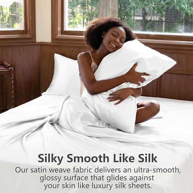 CozyLux Satin Sheets Full Size Sheets - 6 Piece Silky Full Size Bed Sheets, Luxury White Full Bed Set with Smooth and Soft Microfiber, Includes 1 Fitted Sheet, 1 Flat Sheet and 4 Pillowcases