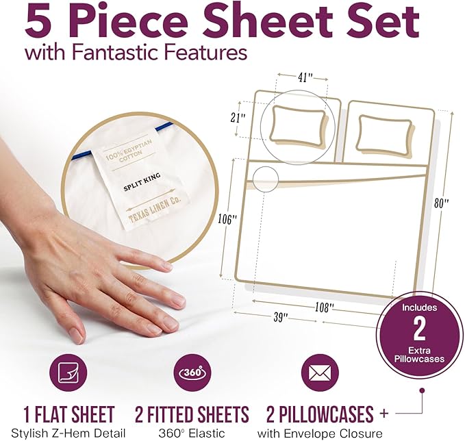 TEXAS LINEN CO. 100% Egyptian Cotton Split King Sheets Sets for Adjustable Bed - Luxury 1200 Series Star Sleepin' Collection Split Top King Sheets (5 PC, Light Grey), Sateen 17" Deep Pocket Sheet