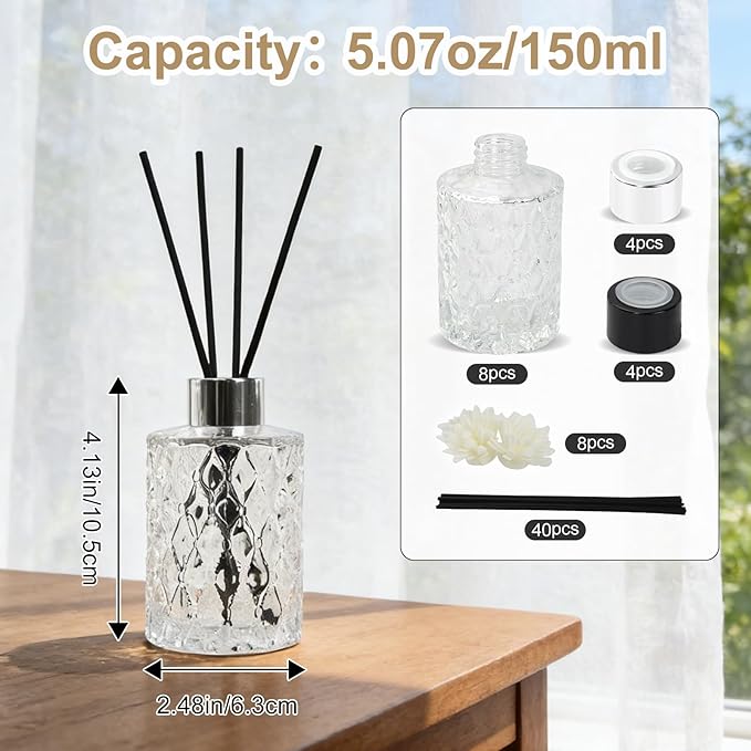8 Pcs Empty Reed Diffuser Bottle Set, Small Glass Vases with 40Pcs Reed Diffuser Sticks, Refillable Flower Bud Vases for Essential Oil DIY, Home Fragrance, Bulk (Silver & Black)