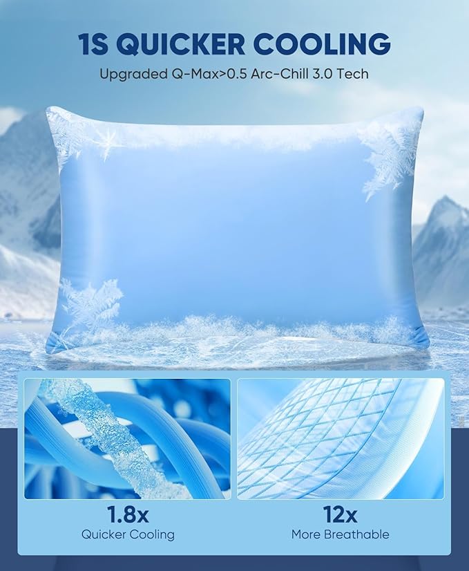 LUXEAR Cooling Pillow Cases, 2 Pack Stretch Arc-Chill Q-max 0.55 Cool Pillowcases King Size, Double-sided Cooling Design, Protecting Hair & Skin, Gifts for Women & Men, Hot Sleeper, Night Sweat - Blue