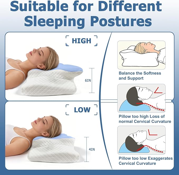 Memory Foam Neck Pillow - Adjustable Orthopedic Contour Pillow for Neck & Shoulder Support, Odorless, Side Back Stomach Sleeper Friendly, Enhanced Spinal Alignment - Light Blue
