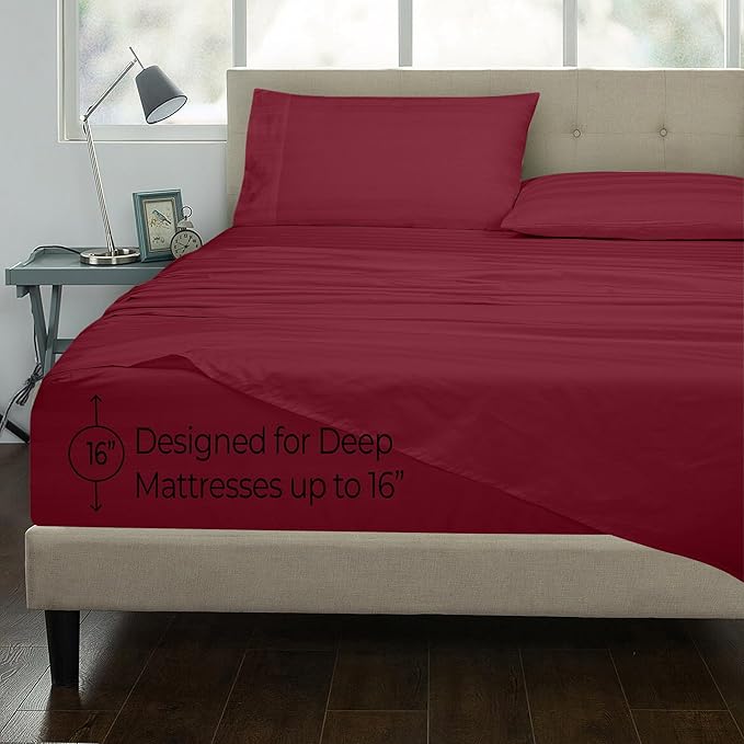 ROYALE LINENS 300 Thread Count 100% Long Staple Combed Cotton Striped Sheet Set - 4 Piece Full Bed Sheets - 1 Fitted, 1 Flat, 2 Pillow Cases -Soft Cool & Crisp Sheet Set (Full, Multi Stripe Burgundy)